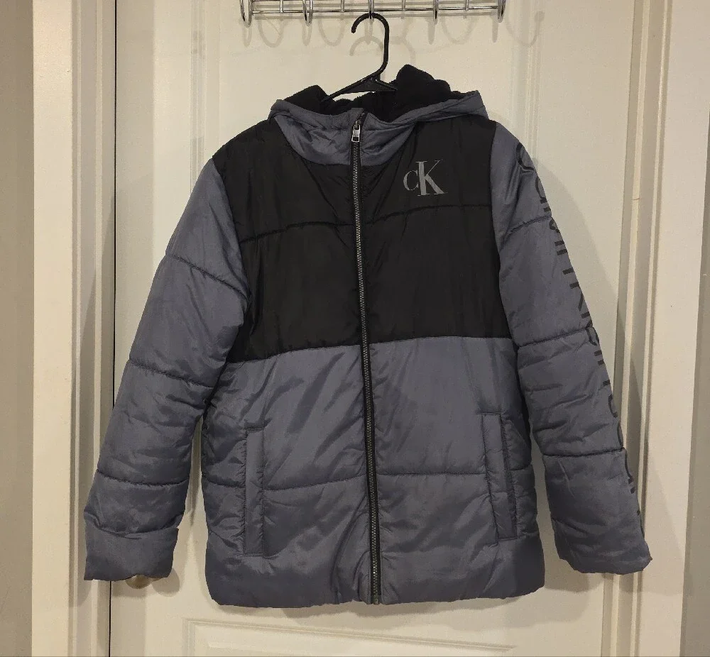 Calvin Klein Kids Hooded Two-Tone Puffer Jacket - Black & Gray